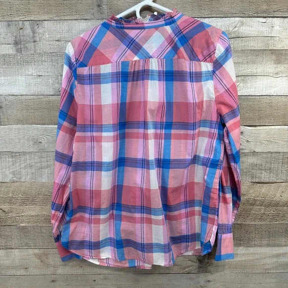 Talbots Womens Pink Blue Plaid Ruffle Collar Popover Cotton Blouse Top Large - Picture 5 of 6